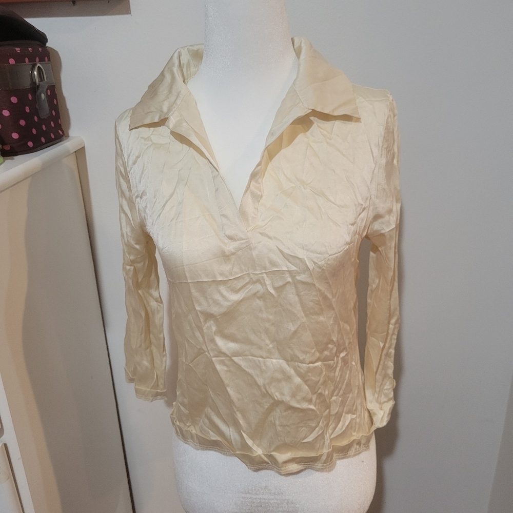 Moda International Silk Collared V Neck Blouse Ivory Cream Classic | Small